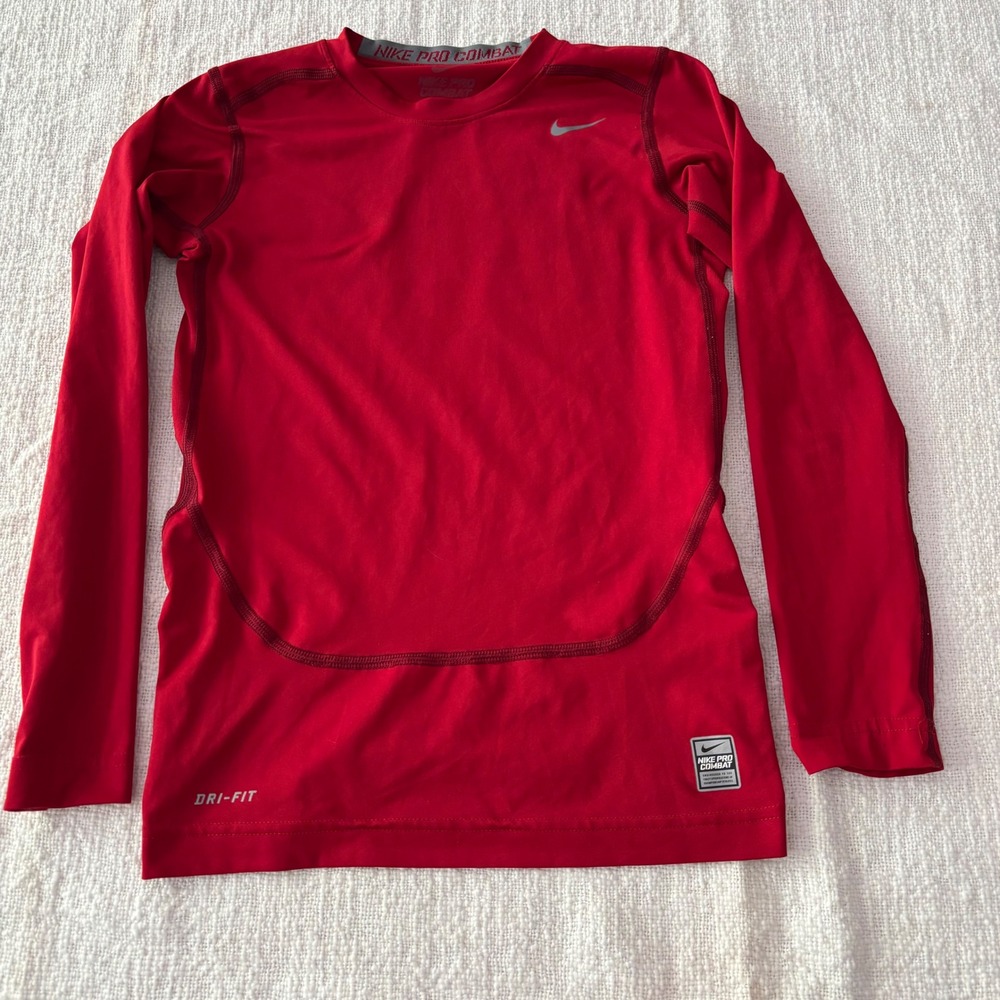 Nike Pro Combat Boys Red Dri-FIT Long Sleeve Compression Shirt Large L